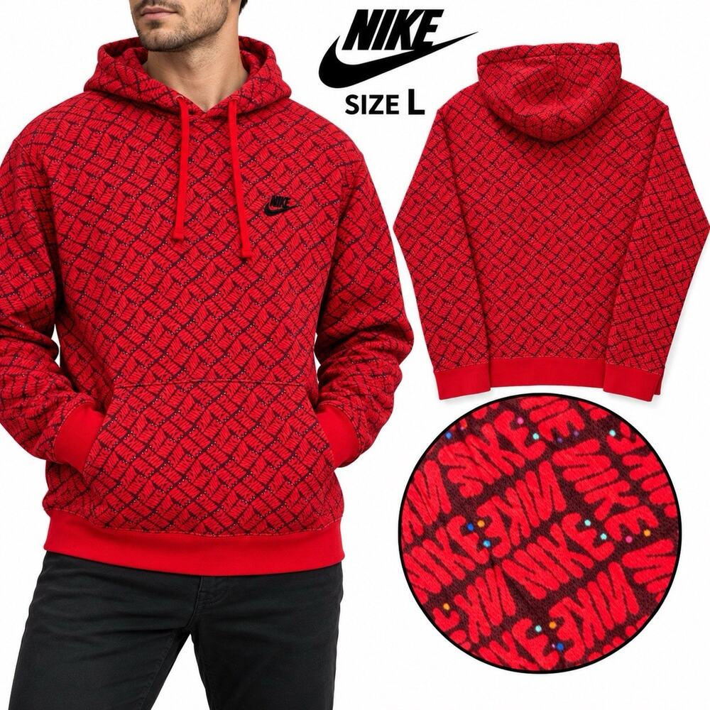 Nike Mens Hoodie Large Red Black All Over Logo Print Fleece Pullover Sweatshirt